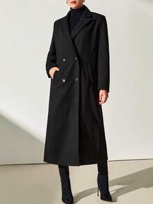 CLARA VERO Fashionable Versatile Double-Breasted Pocket Overcoat For Autumn/Winter - Black - View 3
