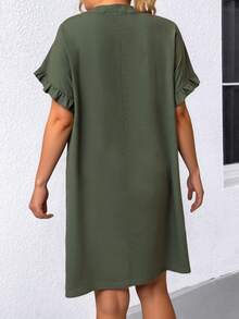 EURMUSE Plus Size Solid Color Notched Neck Casual Versatile Short Sleeve Dress - Army Green - View 2