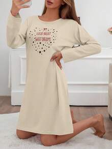 EURMUSE Women Contrast Colour Lettered Round Neck Long Sleeve Homewear Pajama Dress - Beige - View 4