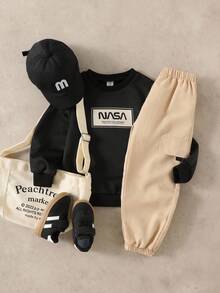 SHEIN 2pcs Baby Boys Toddler Infant Kids Cool Casual Streetwear Black Letter Graphic Box Print Long Sleeve Round Neck Pullover Sweatshirt Top And Beige Cargo Pants Sweatpants Joggers Set Soft Texture Comfortable Sporty Outfit Sets Clothes Tracksuit For Outdoor School Daily Wear Spring Fall Winter - Multicolor - View 8