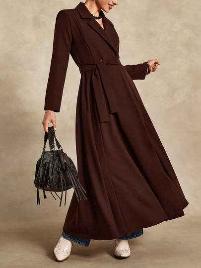 Bóhologie Chocolate Brown Belted Long Dress: Straight Fit, Perfect For Business Meetings Or Elegant City Outings, Made From Soft And Dense Crepe Fabric With Stylish Button Details And Waist Tie