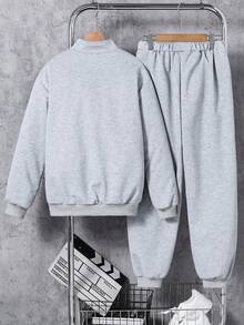 SHEIN Teenage Boys' Stand Collar Half-Zip Sweatshirt Paired With Casual Sports Pants, Comfortable Fabric, Versatile For Outdoor And Indoor Wear - Grey - View 2