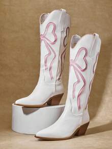 SHUZIA New Versatile Women's Pink White Bow Faux Leather Pu Pointed Western Style Chic Cowboy Boots Chunky Heel Slip-On Rodeo Dance Holiday Fall Winter Shoe - White - View 5