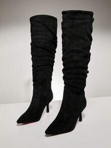 SHUZIA Women's Glamorous Pointy Toe Thigh High Heeled Slouchy Boots - Black - View 4