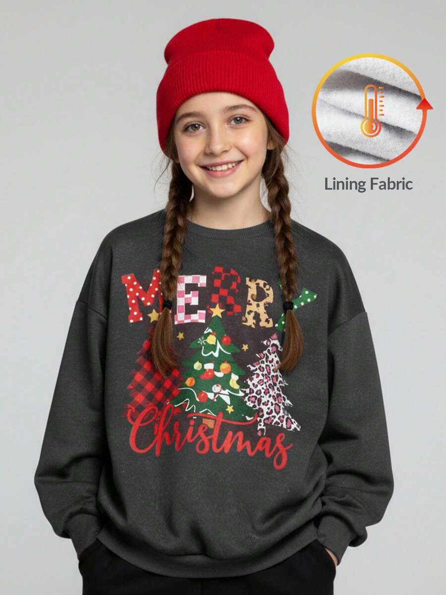 JNSQ Sweat-shirt-shirt à manches longues épais, doublé de thermique, col ras-du-cou, motif de Noël, pour préadolescentes. Convient pour le port quotidien, les activités extérieures, les vacances, le streetwear, les fêtes et les occasions décontractées, automne/hiver - Noir - Voir 1