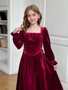 SHEIN Tween Girl 优雅纯色勃艮第方领喇叭袖系带腰部褶皱胸围复古中长连衣裙，适合圣诞节毕业礼服，秋冬优雅复古，适合派对、圣诞节、新年舞会 - 酒紅色 - 查看 13