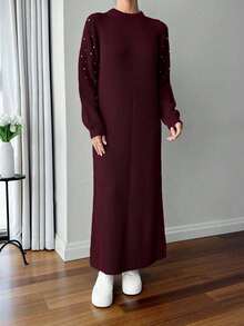 EURMUSE Round Neck Raglan Sleeve Maxi Sweater Dress With Beading - Burgundy - View 3