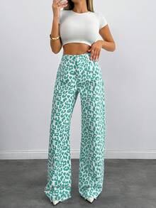 SHEIN Tall 100% 纯棉中腰宽腿豹纹高腰牛仔裤 - 彩色 - 查看 4