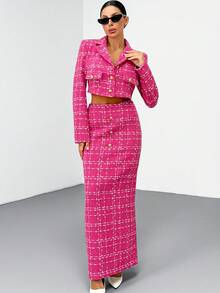 SHEIN Cottnline Bộ vest nữ vải tuýt hồng cài nút kèm chân váy dài xẻ tà - Hồng - Xem 4