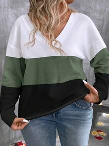 EMERY ROSE Women's V-Neck Layered Collar Color Block Long Sleeve Plus Size T-Shirt, Casual Business Wear For Autumn/Winter - Multicolor - View 4
