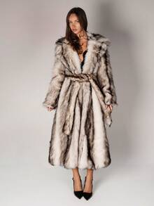 SHEIN ICON 女式仿皮草大衣，竖条纹配腰带，修身，别致性感，大翻领，秋冬时尚 - 彩色 - 查看 5