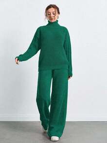 SHEIN Tall Turtleneck Drop Shoulder Sleeve Sweater And Pants Set,Co Ords Sets Women,Petite Co Ord,Co Ord,Petite,Winter Clothes - Dark Green - View 4