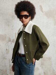 Lumivelle 橄榄绿拼接仿毛皮领短口袋夹克 - 軍綠色 - 查看 4