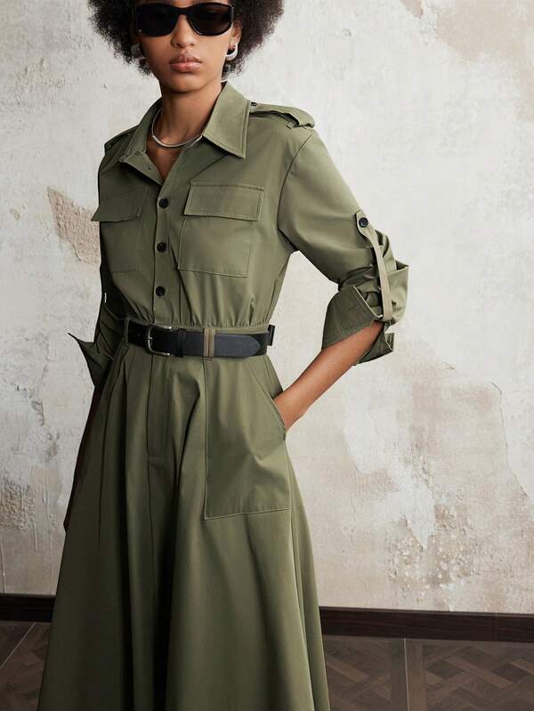 Lumivelle Vestido cortavientos de utilidad para mujer, de longitud media, cintura ceñida, estilizador