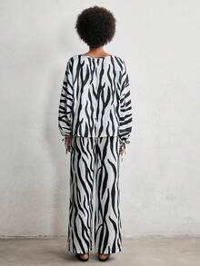 Chiquease 2pcs Classic Zebra Print Set,White Animal Print,Autumn,Elegant,Brunch,Sleeveless Top With Drawstring Neckline&Wooden Bead,Wide Pants Plus Size - Multicolor - View 2