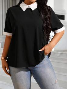 Easura Plus Size Color Block Short-Sleeve Blouse With Contrast Collar And Cuffs, Summer