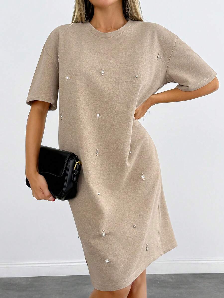 Women Rhinestone Embroidery Detailed Mini Sweat Dress - Mocha Brown - View 1