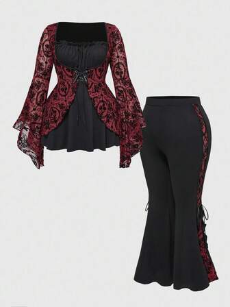 Goth Christmas Holiday Lace Contrast Patchwork Plus Size Women 2 Pieces Set: Flare Sleeve Top + Flare Pants