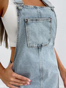 RueChic Váy yếm denim đa năng thường ngày có túi dành cho nữ - Màu xanh nhạt - Xem 3