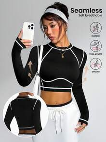 Dewbera Maglietta sportiva a maniche lunghe nera senza cuciture da donna - nero - Visualizzare 1