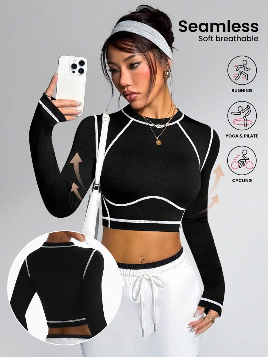 Dewbera Maglietta sportiva a maniche lunghe nera senza cuciture da donna - nero - Visualizzare 1