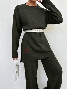 EURMUSE 2 pièces Set femme : pull col rond avec épaules tombantes & pantalon en maille - Militaire verte - Voir 3