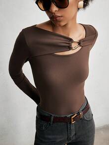 Lumivelle Women's Fashionable Front Button Decor Fitted Long Sleeve T-Shirt, Autumn - Brown - View 5