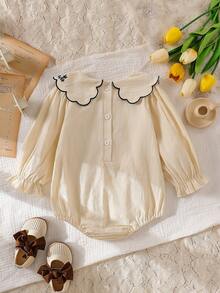 Playful Pals Baby Girls' Countryside Embroidered Peter Pan Collar Bow Frill Cuff Long Sleeve Bodysuit, Autumn - Beige - View 2