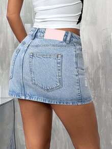 EURMUSE Petite Low Waist Light Wash Mini Denim Skirt - Light Wash - View 2