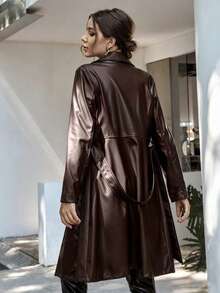 Arave 女式纯色翻领长袖PU皮革休闲风衣，秋季 - 棕色 - 查看 2