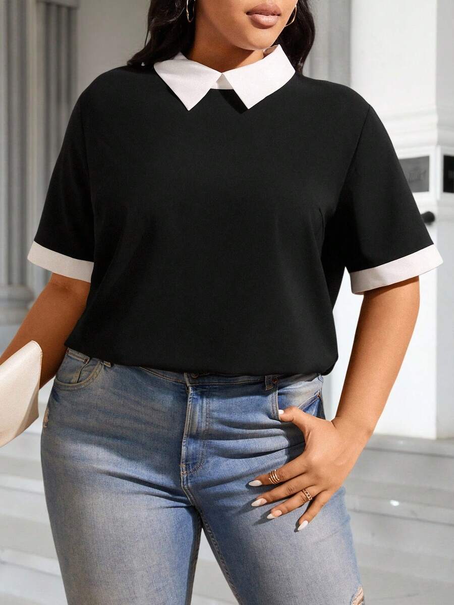 Easura Plus Size Color Block Short-Sleeve Blouse With Contrast Collar And Cuffs, Summer