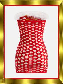 Fantasy Costume Sequin Bowknot Hollow Out Seamless Tube Top, Fluffy Trim, Romantic & Unique Christmas Gifts For Adults, Bodycon Skirt, Suitable For Party, Music Festival, Bar, Women's Lingerie Costume