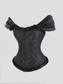 Sweetra 女式荷叶边饰边系带后背紧身胸衣上衣，塑身紧身胸衣复古提花上衣，女士休闲不对称，荷叶边，系带插肩袖露肩修身黑色纯色女式上衣，春夏，休闲日常穿着