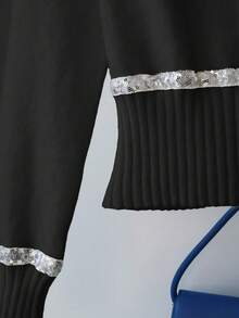 Franclia Women's Elegant Commuter Minimalist Fashion Sequin & Sequins Patchwork Turndown Collar Raglan Sleeve Fitted Knit Sweater