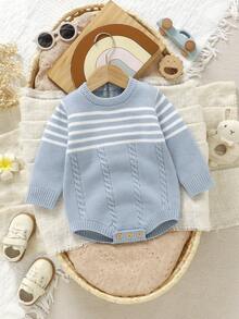 SHEIN Vintaside Kids 1件嬰兒條紋連身衣，圓領長袖扭繩設計，休閒簡約三角褲襠連身衣，適合秋冬 - 藍色 - 查看 5