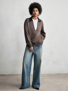 Lumivelle Women's Contrast Color Collar Patchwork PU Leather Deep V Loose Sweatshirt