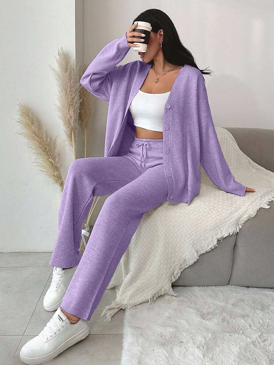 EURMUSE Women's Casual Loose Front Button Cardigan And Pants 2 Pieces Set, Autumn/Winter - Lilac Purple - View 1