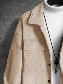 Manfinity Homme Loose Fit Men's Long Sleeve Flap Pocket Drop Shoulder Button Up Corduroy Jacket , Fall Winter - Khaki - View 5
