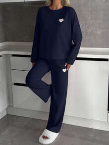 SHEIN Women 2pcs Heart Embroidery Detail Round Neck Long Sleeved Shirt&Pants Homewear Fashionable Lounge Set - Navy Blue - View 7
