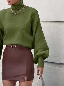 Women's Lantern Sleeve Casual Knitted Sweater, High Neck Floral Textured Pullover,Jumper,Cream Jumper,Jumpers,Black Jumper,Womens Jumper,White Jumper,Women's Jumper,Women's Jumpers,Winter Clothes