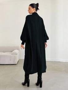 EURMUSE Women's Twist Cable Pattern Lantern Sleeve Single-Breasted Long Casual Cardigan,Petite Cardigans,Cardigans - Black - View 2