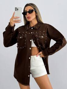 Cottnline 100%Cotton Studded Detail Flap Pocket Raw Trim Denim Coat - Brown - View 4