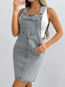 RueChic Váy yếm denim giặt thường ngày, thích hợp mặc đi làm vào mùa hè - Xám - Xem 5