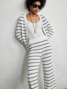 Lumivelle Women's Black & White Striped Cardigan, Button-Up Sweater Paired With Sweater Pants