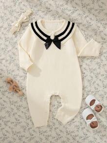 Souflis Souflis Baby Girls' Knitted Romper, Baby White Long Sleeve Jumpsuit With Black Bow, Suitable For Home, Casual Wear, Outings, Parties, Birthday Gift - Apricot - View 1