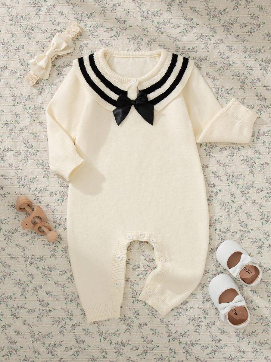 Souflis Souflis Baby Girls' Knitted Romper, Baby White Long Sleeve Jumpsuit With Black Bow, Suitable For Home, Casual Wear, Outings, Parties, Birthday Gift - Apricot - View 1