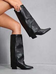 CUCCOO SZL Bottes hautes à bout pointu et enfiler pour femmes, en cuir lisse noir avec talon épais, mi-mollet, sexy et polyvalentes