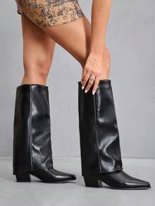 CUCCOO SZL Bottes hautes à bout pointu et enfiler pour femmes, en cuir lisse noir avec talon épais, mi-mollet, sexy et polyvalentes