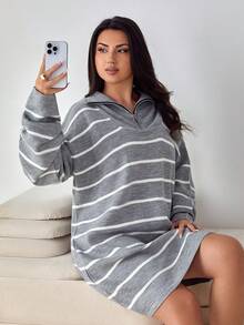 EURMUSE Plus Size Striped Pattern Zipper Detail Drop Shoulder Casual Sweater Dress - Light Grey - View 4
