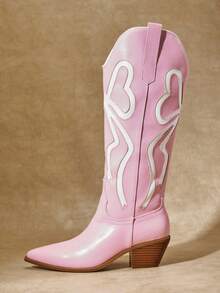 SHUZIA 时尚女式白色粉色蝴蝶结仿皮PU尖头西部风格别致牛仔靴粗跟一脚蹬牛仔舞假日秋冬鞋 - 粉色 - 查看 2